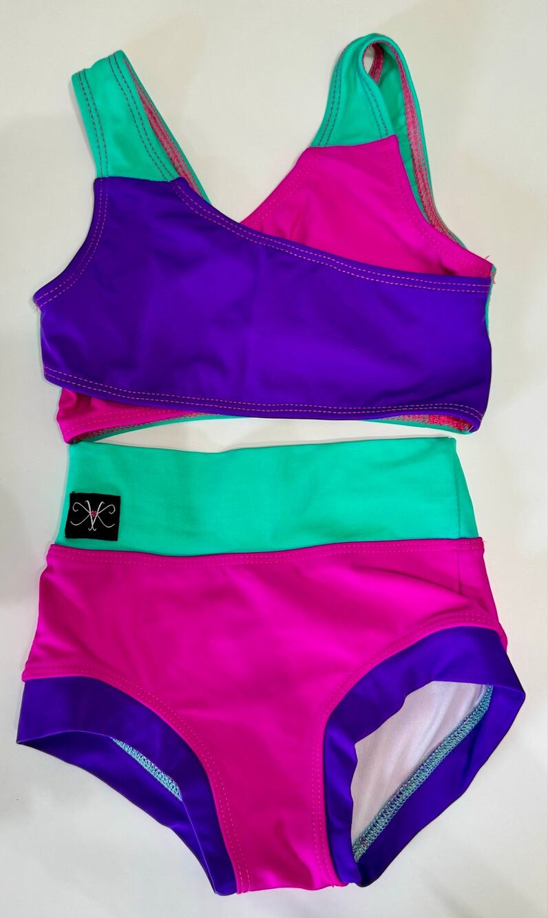 Kandi Kouture CS 4 Colorblock Two Piece Dance Set Pink Teal Purple